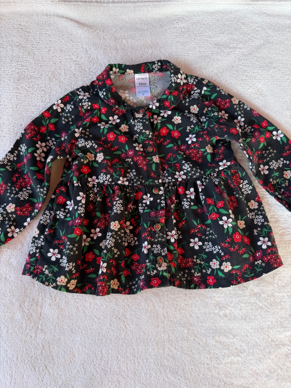 Carter's Black Floral Button-Front Top with Red and White Blooms Size 18M